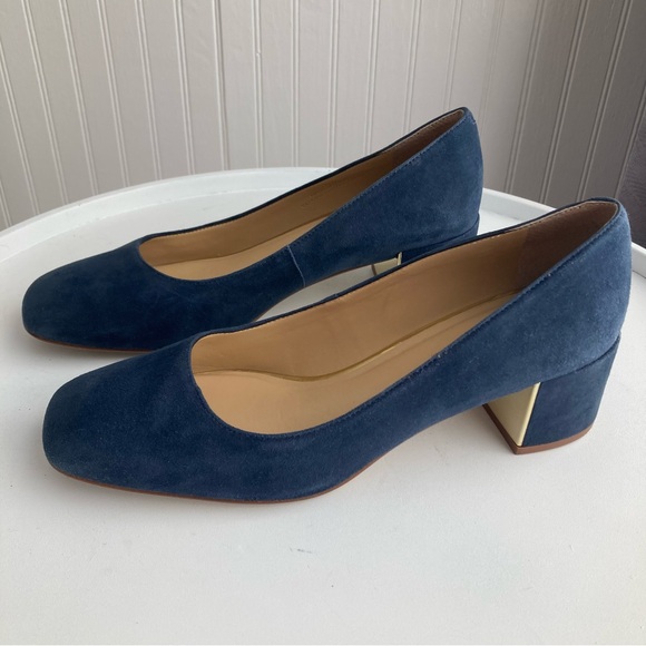 Talbots Indigo Blue Claire Block Heel Pumps Suede Gold Size 6M Women’s Shoes - Picture 11 of 16